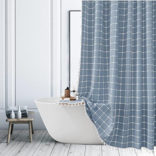 ggaimwf Duschvorhang im Boho-Stil Blau Duschvorhänge für Badezimmer Modernes Ländliche Minimalistisches Bauernhaus Badewannenvorhang Duschvorhang aus schwerem Textilstoff mit Quasten 180x180cm von ggaimwf