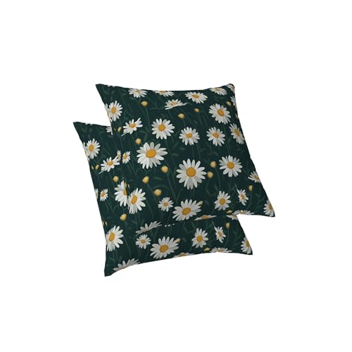ggaimwf Gänseblümchen-Kissenbezüge Weiß Blumenkissen Vintage Ländliche Blumen Grün Leinen Quadratisch Kissenbezüge für Bett Sofa Wohnzimmer Schlafzimmer Heimdekoration Kissenbezug 40x40cm 2er Set von ggaimwf