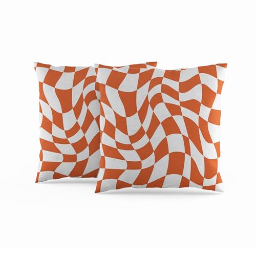 ggaimwf Karierte Kissenbezüge Gebranntes Orange 40x40cm 2er-Set Wellenförmiges Schachbrettmuster Verzerrtes Schachbrett Grafik Moderne Kissen aus Leinen Sofakissenbezüge Wohnzimmer Kissen für draußen von ggaimwf