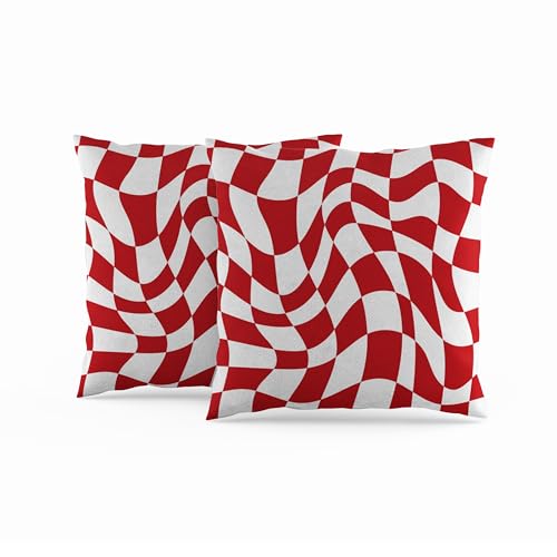 ggaimwf Karierte Kissenbezüge Rot 50x50cm 2er-Set Wellenförmiges Schachbrettmuster Verzerrtes Schachbrett Grafik Moderne Kissen aus Leinen Sofakissenbezüge Wohnzimmer Kissenbezug für draußen von ggaimwf
