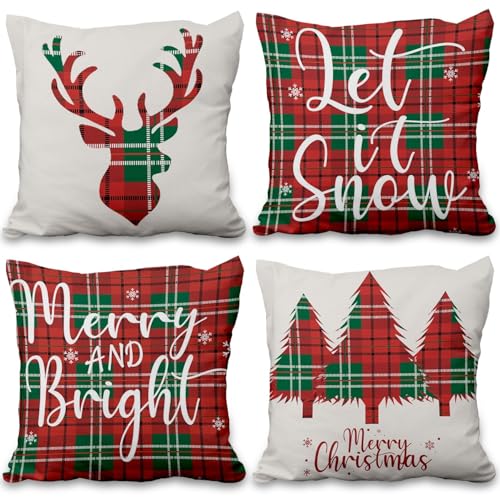 ggaimwf Kissenbezüge für Weihnachten Hirsch Tannenbäume Rot grünes Gingham Kissen mit Karomuster Feines Leinen Doppelseitig Winter Bauernhaus Bettkissen mit Bezügen inklusive Sofa 40x40cm 4er-Set von ggaimwf