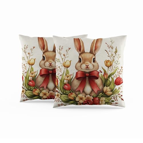 ggaimwf Kissenbezug Kaninchen 40x40cm Blumen Botanisch Frühlingskissenbezug Hase Leinen Doppelseitig Sofakissen Vintage Kinderkissen Osterdekoration Sofa Bett Kinderzimmer Outdoor 2er-Set von ggaimwf