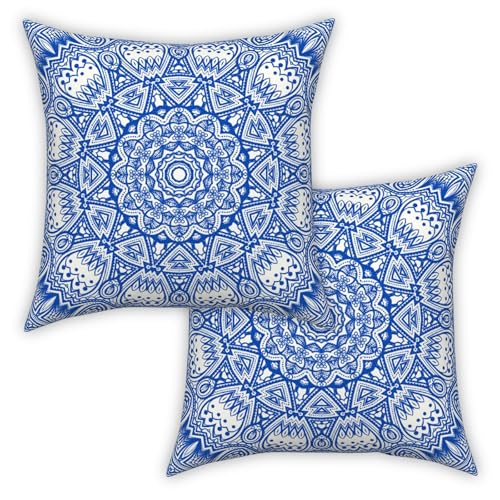 ggaimwf Marokkanische Kissenbezüge Blaue 40x40cm Boho Kissen Ethno Mandala Indischer Stil Abstrakt Arabeske Meditation Hippie Modern Kissenhülle werfen für Sofa Wohnzimmer Bett Kissenbezug 2er-Set von ggaimwf