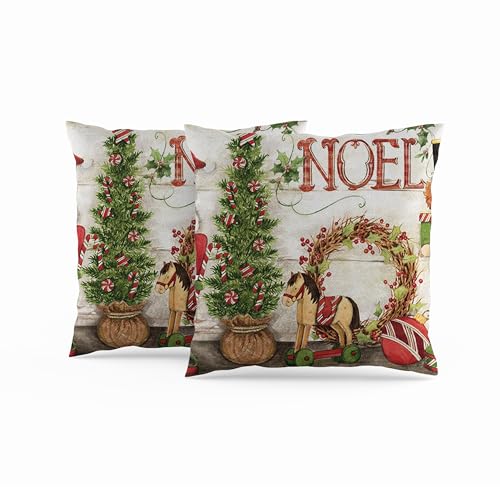 ggaimwf Weihnachts kissenbezüge 40x40cm Vintage Weihnachtsbaum Kranz Soldat Farbige Kissen Winter Leinenkissen Schlafzimmer Frohe Weihnachten Wohnzimmer Outdoor 2er Set von ggaimwf