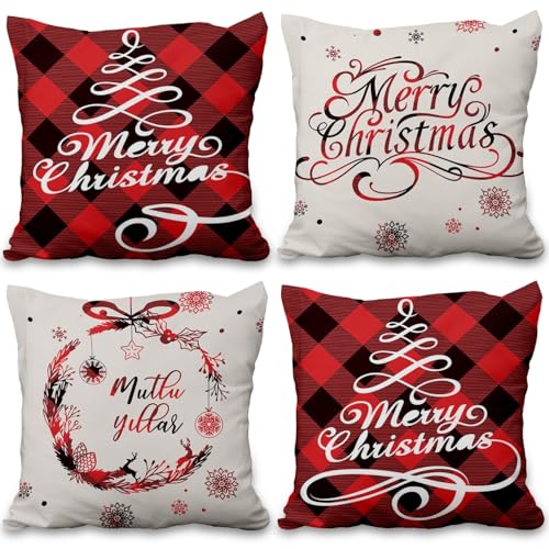 ggaimwf Weihnachtskissenbezug-Set Weihnachtsdeko fürs Wohnzimmer Winterfest Rote Kissen Schottischer Kissenbezug mit Gingham Muster Karierte Kissen für draußen Leinen Doppelseitig 60 x 60 cm 4 Stück von ggaimwf