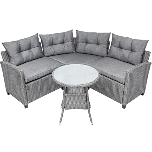 4-teiliges Kunstharzgeflecht Terrasse mit rundem Tisch, graues Polstermöbel-Set, Sofa, Garten, Pool, Balkon von ghghnrtgefrgnhnxdf