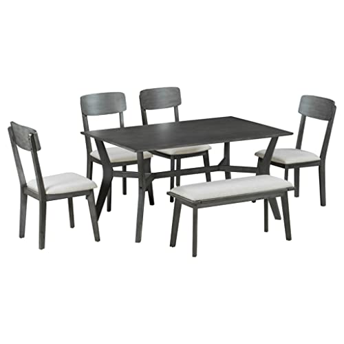 6-teiliges Esszimmer-Set Mittelalterlicher Stil Holz Esstisch und Stoffstühle mit Bank Grau + Beige (D wie abgebildet) von ghghnrtgefrgnhnxdf