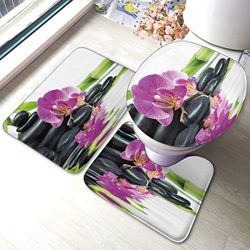 ghkfgkfgk Asiatische Zen-Entspannungsmassage mit Steinen und lila Orchideen-Badteppich-Set 3-teilig, Rutschfester, saugfähiger Badteppich, U-förmige Toilettenmatte, verlängerter Toilettendeckelbezug von ghkfgkfgk