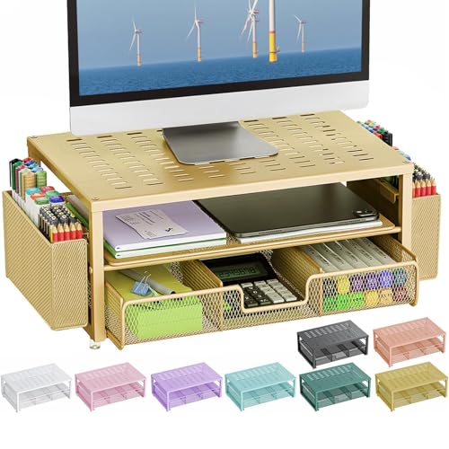 Gianotter Monitorständer mit Schublade und Stifthalter, Schreibtisch-Organizer und Zubehör, 2-stöckige Monitorerhöhung, ideal für Bürobedarf, Schreibtischzubehör (Gold) von gianotter