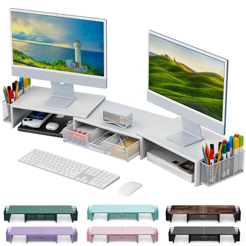 gianotter Dual-Monitor-Ständer, Schreibtisch-Organizer mit Schublade und 2 Stifthaltern, Schreibtischzubehör und Arbeitsplatz-Organizer, Laptop-Ständer, Monitorständer für Schreibtisch, Weiß von gianotter