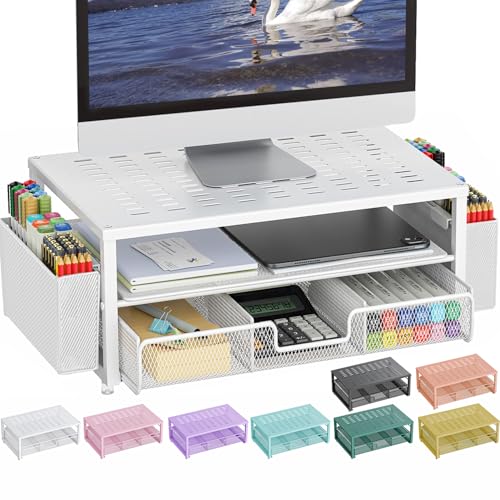 gianotter Monitorständer, Schreibtisch-Organizer mit Schublade und Stifthalter, 2-stöckiger Computerständer, Schreibtischzubehör und Arbeitsplatz-Organizer (weiß) von gianotter