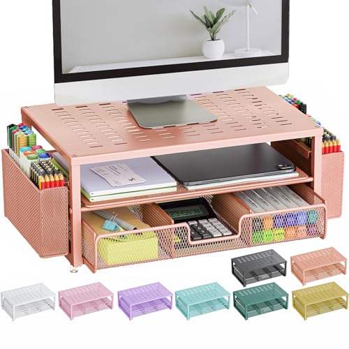 gianotter Schreibtisch-Computer-Monitorständer mit Schublade und 2 Stifthaltern, Schreibtisch-Organizer für Damen, Homeoffice-Essentials (Roségold) von gianotter