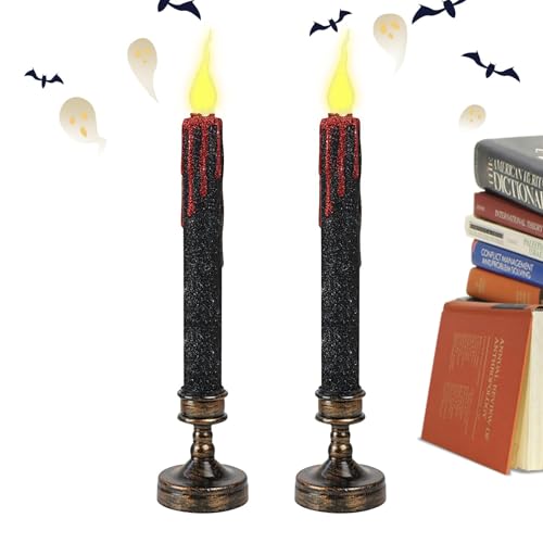 2 Stück Halloween blutende Stabkerze – LED-Vampirtränenkerze mit Sockel, bluttropfende Kerze, Dekoration, geruchloser, schwarzer konischer Kerzenständer, spiralförmige Spitzkerze für Halloween, von gifyym