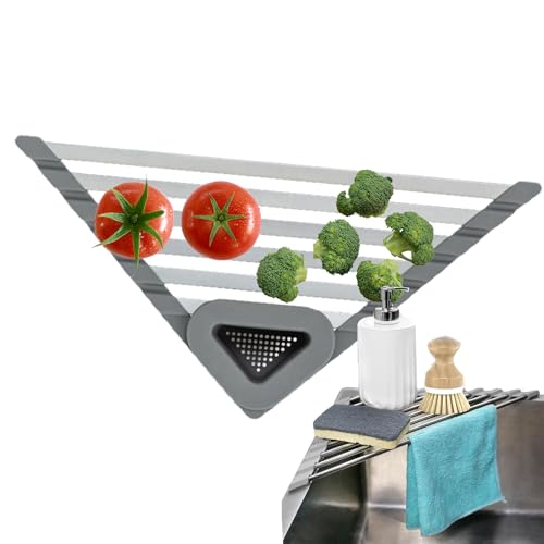 gifyym Dreieckiges Geschirrtrockengestell - 32x32x4.5cm Dreieckiges, Aufrollbares Geschirrtrockengestell | Mehrzweck-Abtropfgestell Über Der Spüle | Abtropfschale Mit Halter Für Bauernhaus, , Wohnun von gifyym