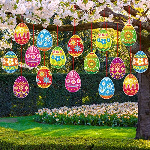 16 Stück Ostereier zum Aufhängen im Freien, große "Happy Easter", hängende Veranda und Baumhof, Rasendekorationen – doppelseitig bedruckt von gisgfim