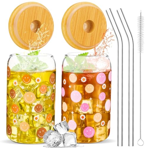 gisgfim 2 Stück Smile Face Eis-Kaffeetasse, Boho-Glasbecher mit Strohhalm und Bambusdeckel, 473 ml, recycelt, Retro, groovige Trinkgläser für Cocktail, Tee, Soda, Whiskey, Frauen, Geschenke von gisgfim