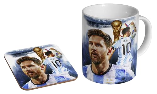 glades Lionel Messi Argentina Champion Artwork – Keramik Kaffeetasse + Untersetzer Geschenk-Set von glades
