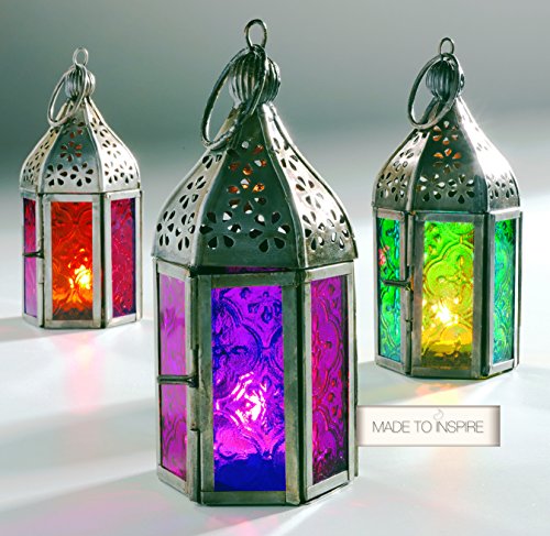 Laternen für Teelichter, 3 Stück, im marokkanischen Stil, mit farbigen Gläsern von glampmycamp