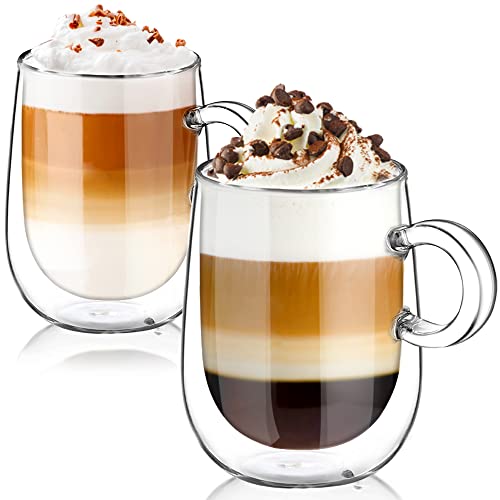 glastal 350ml*2 Doppelwandige Cappuccintassen Latte Macchiato Gläser Kaffeegläser Teegläser mit Henkel Borosilikatglas Kaffeetassen Glas Set Doppelwandgläser Kaffeebecher von glastal