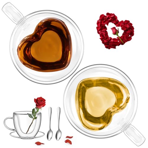 glastal 150ml Doppelwandige Espressotassen 2er Set Kaffeegläser Teegläser mit Henkel und Untertasse, Herz Tasse für Milch Saft, Geschenk für Frauen Freund/in Paare zu Geburtstag Hochzeit Muttertag von glastal