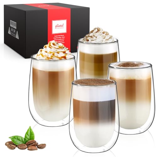 glastal 350ml Doppelwandige Latte Macchiato Gläser 4er Set Borosilikatglas Kaffeetassen Glas Kaffeeglas Teegläser für Cappuccino,Latte,Tee,EIS,Eistee,Iced Americano,Milch,Saft,Bier von glastal