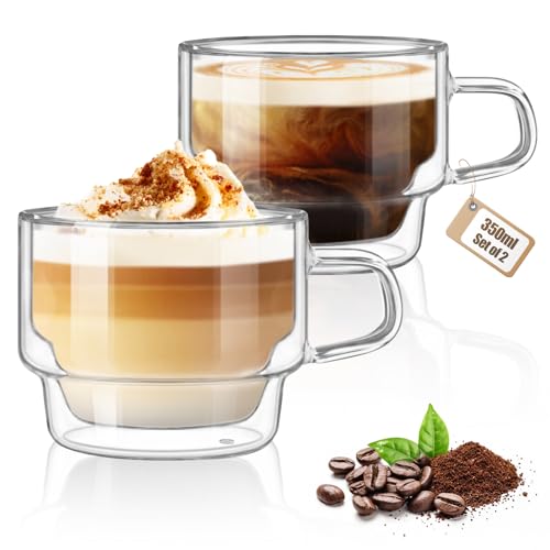 glastal 350ml Latte Macchiato Gläser Doppelwandige Kaffeegläser 2er Set Stapelbare Kaffeetassen Glas, Doppelwandig Kaffeeglas Teegläser mit Henkel für Cappuccino,Tee, Milch,Geschenk für Frauen Männer von glastal