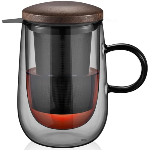 glastal 430ml(volle Kapazität) Doppelwandige Schwarz Glas Teetasse mit Metallsieb Teeglas Teebecher aus Borosilikat Glas Tasse mit Henkel, für Schwarzen Tee Grüner Tee Fruchttee Tee Teebeutel von glastal