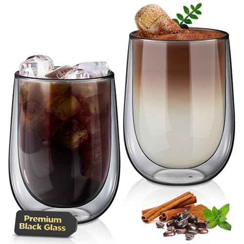 glastal Einzigartige Schwarz Gläser, 350ml Doppelwandige Kaffeegläser Latte Macchiato Gläser 2er Set, Doppelwandig Kaffeeglas Teegläser für Cappuccino, Milch, Geschenk für Männer Frauen von glastal