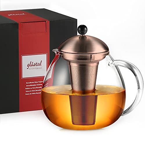 glastal Glas Bronze Teekanne 1500ml mit 18/8 Edelstahl Teesieb Borosilicate Glas Teebereiter Glaskanne Geeignet für Teewarmer von glastal