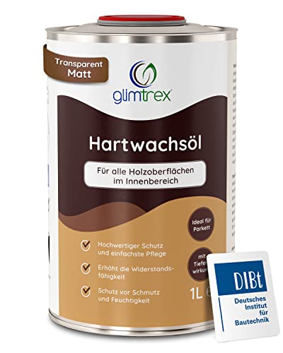 glimtrex® Hartwachsöl matt (1,0l) - nachhaltiges Hartwachsöl farblos für Holz schützt und pflegt – Holzöl innen anwendbar als Arbeitsplattenöl, Parkettpflege und Öl für Holztisch von glimtrex