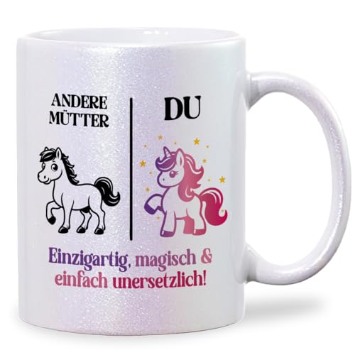 Mütter Vergleich Einhorn - Perlmutt Glitzertasse | Glitzergeschenke | Tasse mit Glitzereffekt | Geschenke für Mama | Mama Tasse | Muttertagsgeschenke von glitzertassen-de