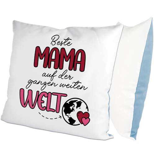 glitzertassen.de® | Beste Mama auf der Welt | Kissen mit Spruch | Geschenk | Muttertag | Kissen mit Druck | Liebe | Deko Kissen | Fotokissen | Kuschelkissen | Weiß/Blau von glitzertassen-de