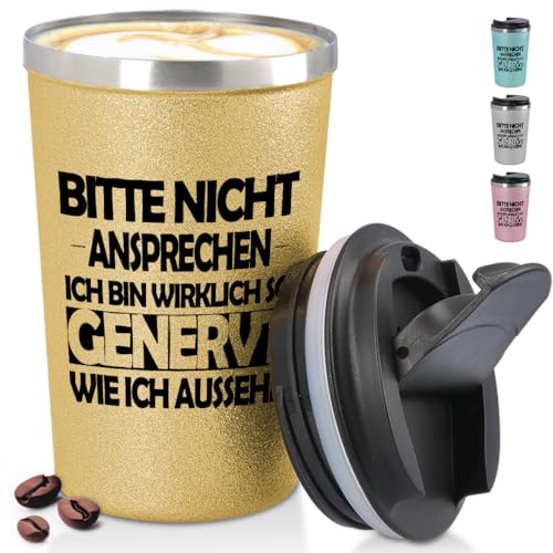 glitzertassen.de® | Bitte nicht ansprechen | Becher to Go konisch mit Deckel | Lustige Sprüche | Geschenkidee | Thermobecher mit doppelwandiger Isolierung | 350 ml | Gold von glitzertassen-de