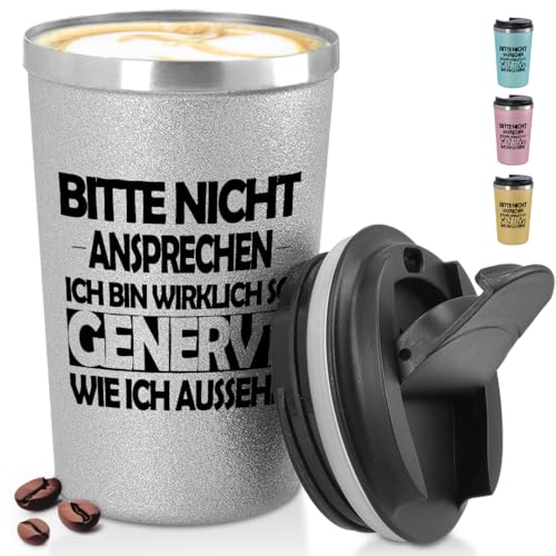 glitzertassen.de® | Bitte nicht ansprechen | Becher to Go konisch mit Deckel | Lustige Sprüche | Geschenkidee | Thermobecher mit doppelwandiger Isolierung | 350 ml | Silber von glitzertassen-de