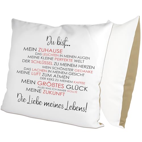 glitzertassen.de® | Du bist die Liebe meines Lebens! | Kissen mit Spruch | Geschenk | Kissen mit Druck | Liebe | Partner | Deko Kissen | Fotokissen | Kuschelkissen | Weiß/Mokka von glitzertassen-de