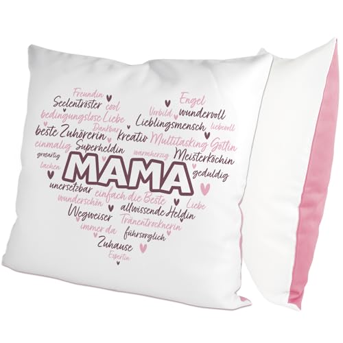 glitzertassen.de® | Eigenschaften Einer Mama | Kissen mit Spruch | Geschenk | Muttertag | Kissen mit Druck | Liebe | Deko Kissen | Fotokissen | Kuschelkissen | Weiß/Rosé von glitzertassen-de