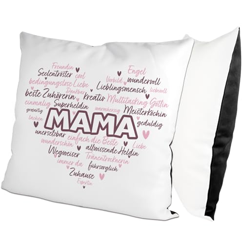 glitzertassen.de® | Eigenschaften Einer Mama | Kissen mit Spruch | Geschenk | Muttertag | Kissen mit Druck | Liebe | Deko Kissen | Fotokissen | Kuschelkissen | Weiß/Schwarz von glitzertassen-de