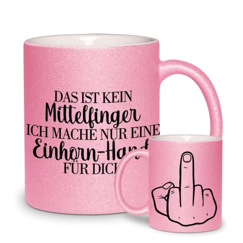 glitzertassen.de® | Einhorn-Hand | Mittelfinger | Tasse mit Glitzer | Geschenkidee | Bürotasse | Lustige Sprüche | Arbeitskollegen | Kaffeebecher | Keramik | 330 ml | Rosé von glitzertassen-de