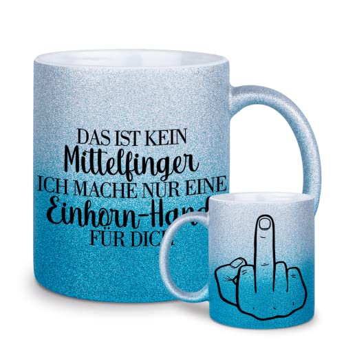 glitzertassen.de® | Einhorn-Hand | Mittelfinger | Tasse mit Glitzer | Geschenkidee | Bürotasse | Lustige Sprüche | Arbeitskollegen | Kaffeebecher | Keramik | 330 ml | Silberblau von glitzertassen-de