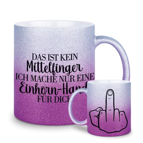 glitzertassen.de® | Einhorn-Hand | Mittelfinger | Tasse mit Glitzer | Geschenkidee | Bürotasse | Lustige Sprüche | Arbeitskollegen | Kaffeebecher | Keramik | 330 ml | Silberviolett von glitzertassen-de