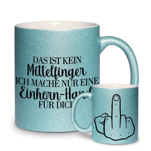 glitzertassen.de® | Einhorn-Hand | Mittelfinger | Tasse mit Glitzer | Geschenkidee | Bürotasse | Lustige Sprüche | Arbeitskollegen | Kaffeebecher | Keramik | 330 ml | Türkis von glitzertassen-de