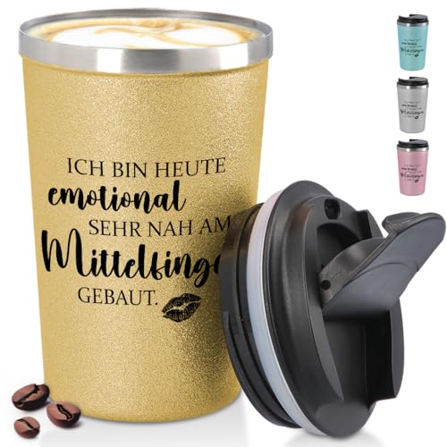 glitzertassen.de® | Emotional am Mittelfinger gebaut | Becher to Go konisch mit Deckel | Lustige Sprüche | Geschenkidee | Thermobecher mit doppelwandiger Isolierung | 350 ml | Gold von glitzertassen-de