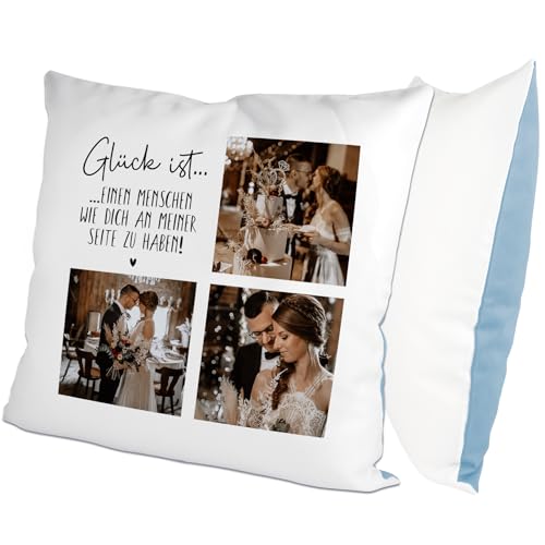 glitzertassen.de® | Glück ist... | personalisiertes Kissen Text und Bild | Geschenk | Kissen mit Druck | Liebe | Deko Kissen | personalisiertes Fotokissen für Freunde | Kuschelkissen | Weiß/Blau von glitzertassen-de