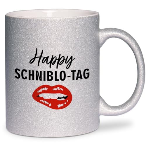 glitzertassen.de® | Happy Schniblo-Tag | Tasse mit Glitzer | Silber | Geschenkidee | lustige Sprüche | Versaut | Männer | Kaffeebecher | Keramik | 330 ml von glitzertassen-de