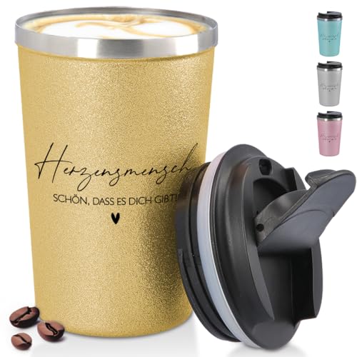 glitzertassen.de® | Herzensmensch - Schön, dass es dich gibt! | Becher to Go konisch mit Deckel | Freunde | Geschenkidee | Thermobecher mit doppelwandiger Isolierung | 350 ml | Gold von glitzertassen-de