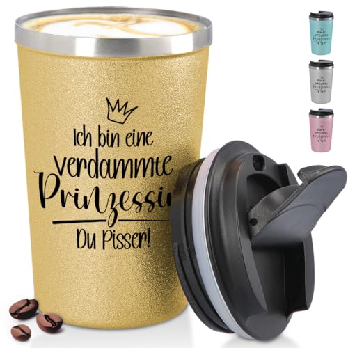 glitzertassen.de® | Ich bin eine verdammte Prinzessin | Becher to Go konisch mit Deckel | Lustige Sprüche | Geschenkidee | Thermobecher mit doppelwandiger Isolierung | 350 ml | Gold von glitzertassen-de