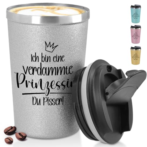 glitzertassen.de® | Ich bin eine verdammte Prinzessin | Becher to Go konisch mit Deckel | Lustige Sprüche | Geschenkidee | Thermobecher mit doppelwandiger Isolierung | 350 ml | Silber von glitzertassen-de