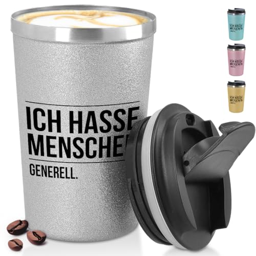 glitzertassen.de® | Ich hasse Menschen | Becher to Go konisch mit Deckel | Lustige Sprüche | Geschenkidee | Thermobecher mit doppelwandiger Isolierung | 350 ml | Silber von glitzertassen-de