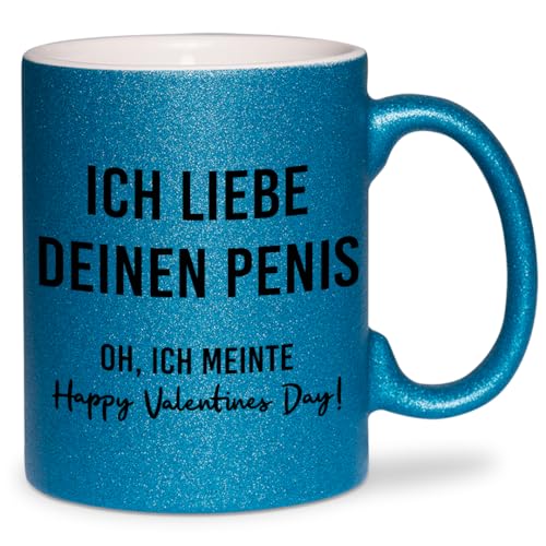glitzertassen.de® | Ich liebe deinen Penis (Valentinstag) | Tasse mit Glitzer | Geschenkidee | Lustige Sprüche | Valentinstag | Kaffeebecher | Keramik | 330 ml | Blau von glitzertassen-de