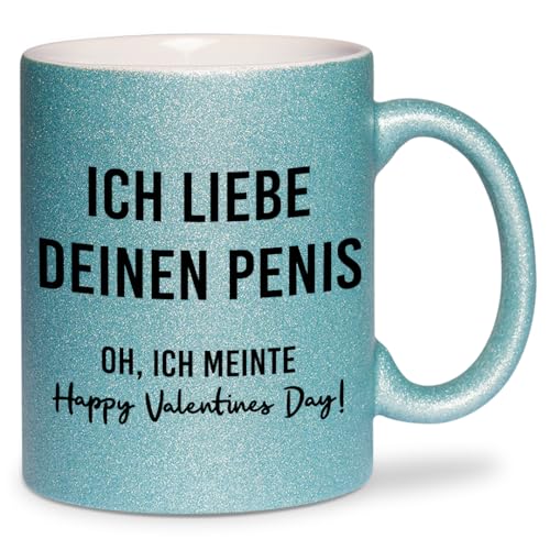 glitzertassen.de® | Ich liebe deinen Penis (Valentinstag) | Tasse mit Glitzer | Geschenkidee | Lustige Sprüche | Valentinstag | Kaffeebecher | Keramik | 330 ml | Türkis von glitzertassen-de